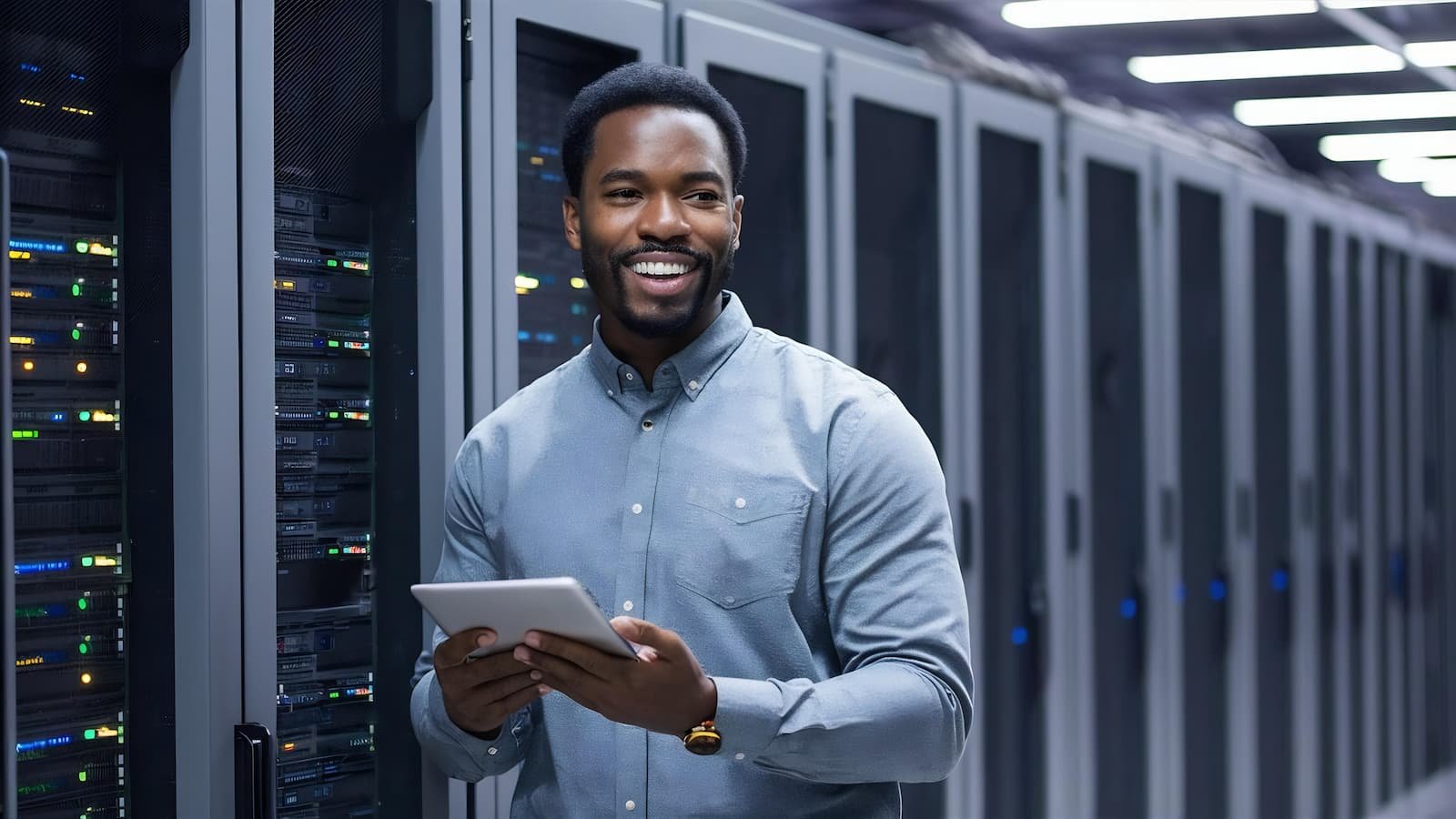 Decipher Host operator with tablet in server room